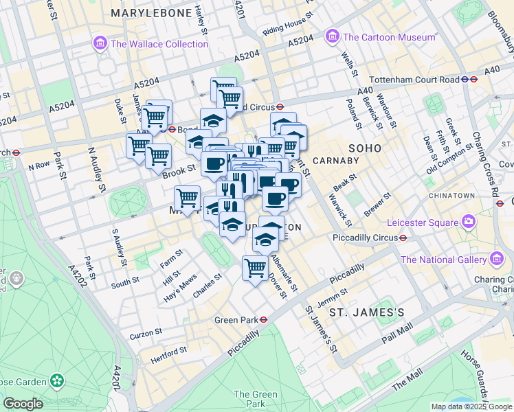 map of restaurants, bars, coffee shops, grocery stores, and more near 24 New Bond Street in Greater London