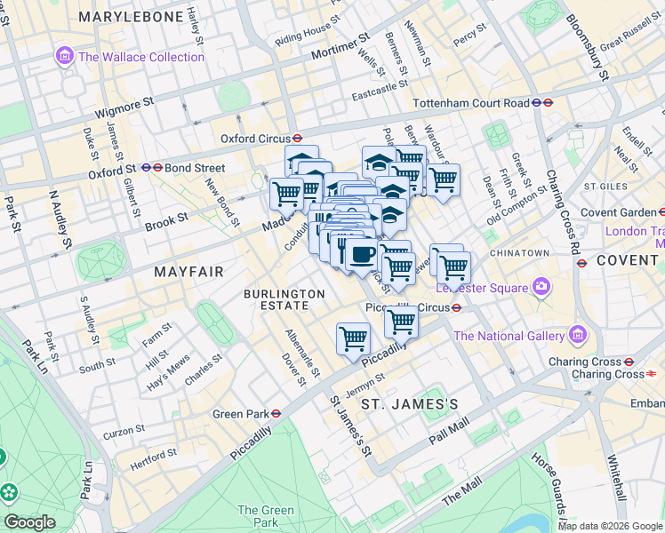 map of restaurants, bars, coffee shops, grocery stores, and more near 10 New Burlington Mews in Greater London