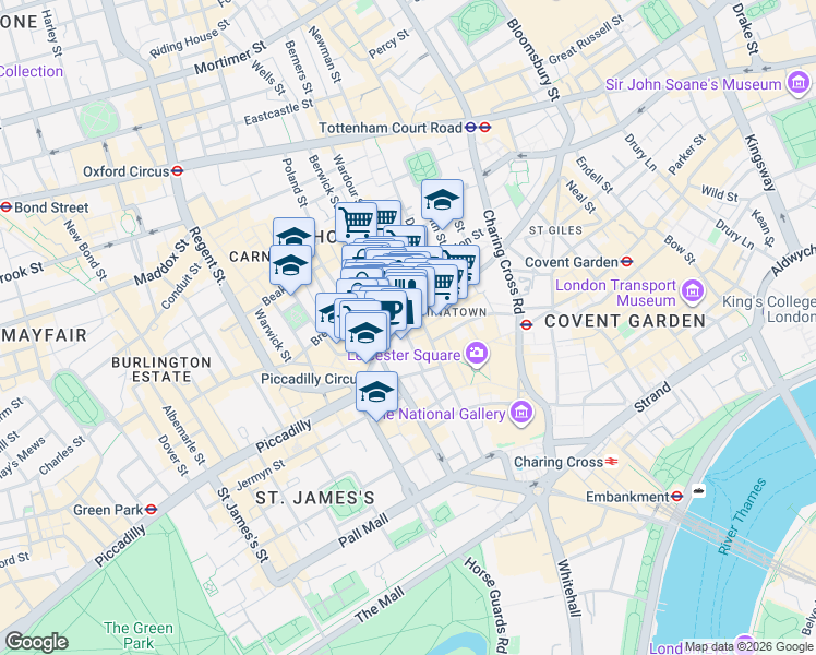 map of restaurants, bars, coffee shops, grocery stores, and more near 42 Rupert Street in Greater London