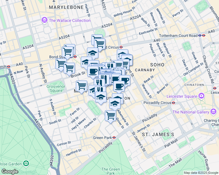 map of restaurants, bars, coffee shops, grocery stores, and more near in Greater London