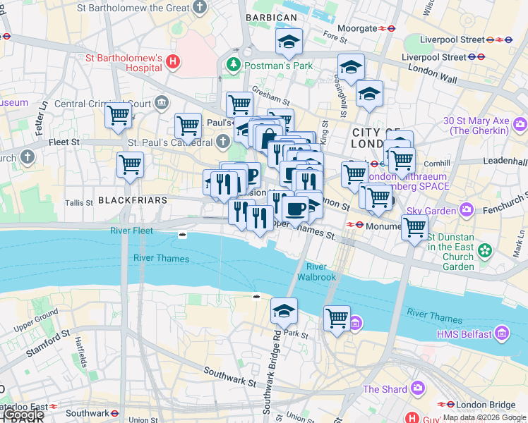 map of restaurants, bars, coffee shops, grocery stores, and more near in Greater London