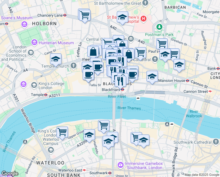 map of restaurants, bars, coffee shops, grocery stores, and more near in Greater London