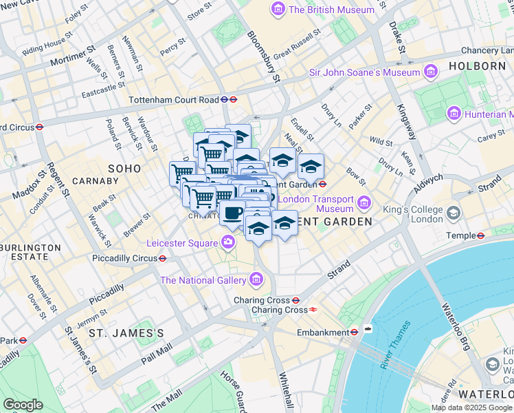 map of restaurants, bars, coffee shops, grocery stores, and more near Charing Cross Road in Greater London