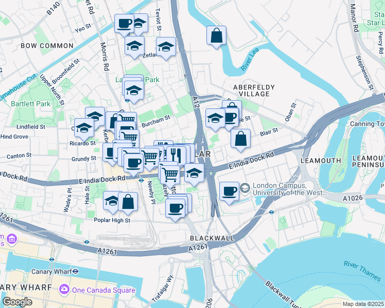 map of restaurants, bars, coffee shops, grocery stores, and more near 52 Saint Leonards Road in Greater London