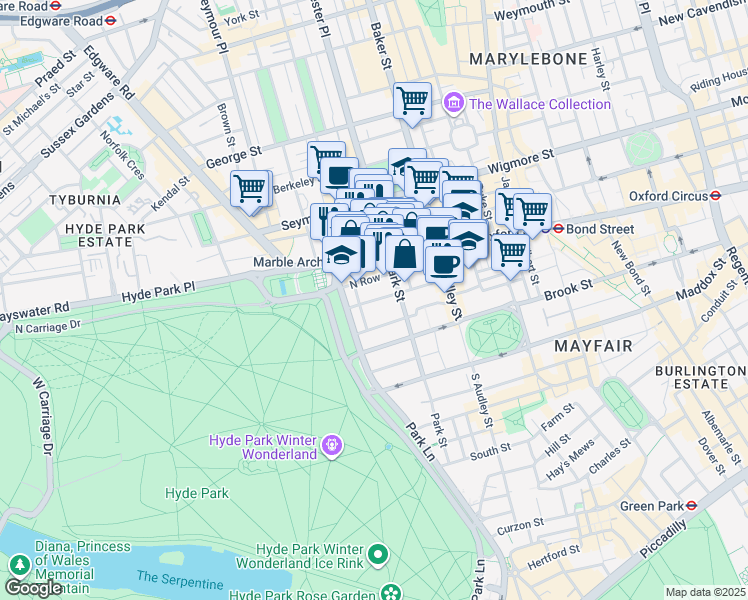 map of restaurants, bars, coffee shops, grocery stores, and more near Green Street in Greater London