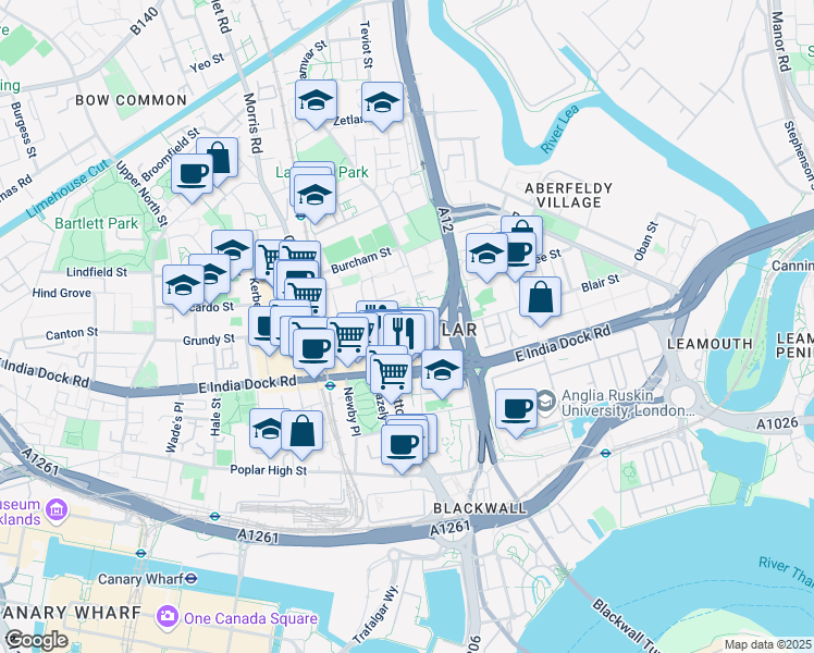 map of restaurants, bars, coffee shops, grocery stores, and more near Adderley Street in Greater London