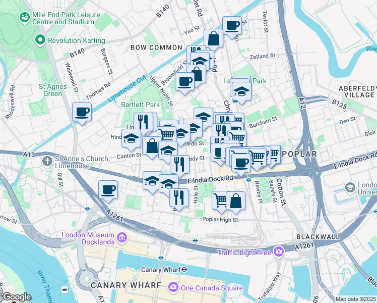 map of restaurants, bars, coffee shops, grocery stores, and more near Bygrove Street in Greater London