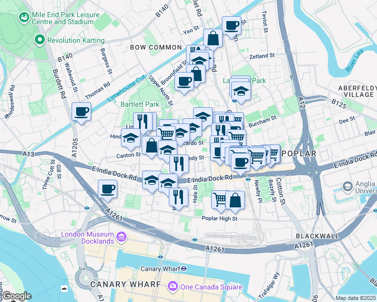 map of restaurants, bars, coffee shops, grocery stores, and more near Bygrove Street in Greater London