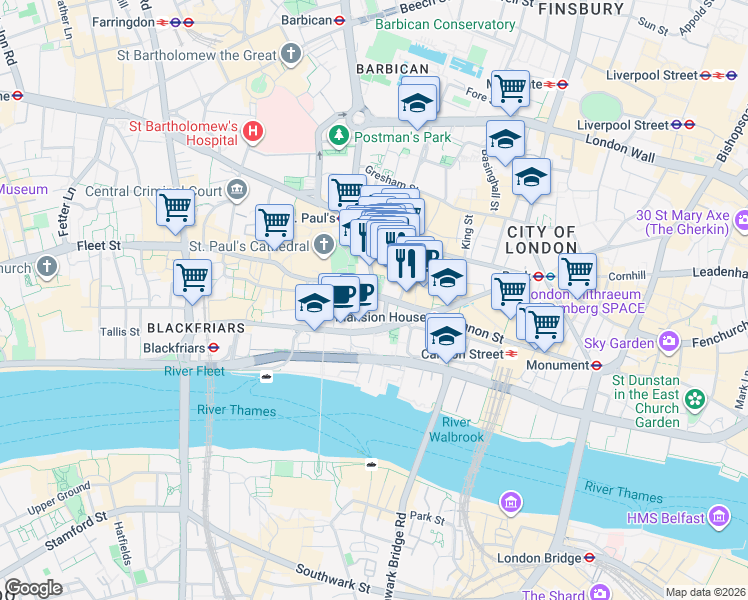 map of restaurants, bars, coffee shops, grocery stores, and more near 10 Cannon Street in Greater London