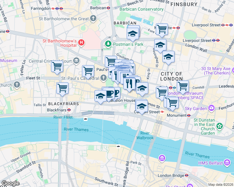 map of restaurants, bars, coffee shops, grocery stores, and more near 10 Cannon Street in Greater London