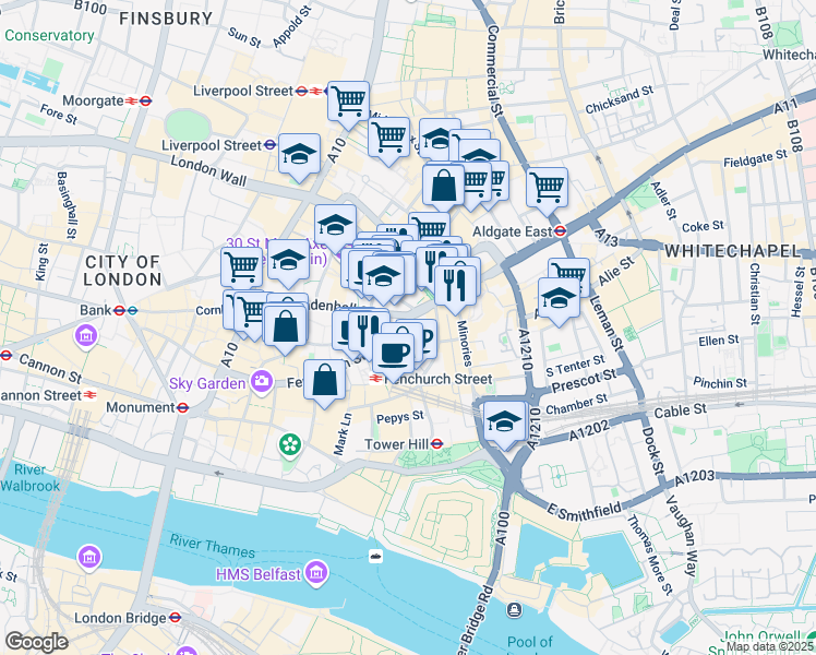 map of restaurants, bars, coffee shops, grocery stores, and more near 84 Fenchurch Street in Greater London