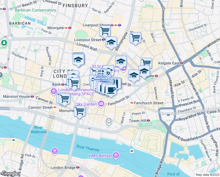map of restaurants, bars, coffee shops, grocery stores, and more near in Greater London