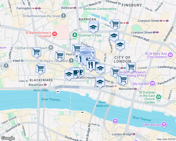 map of restaurants, bars, coffee shops, grocery stores, and more near 25 Cannon Street in Greater London