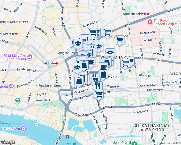 map of restaurants, bars, coffee shops, grocery stores, and more near 65 Leman Street in London