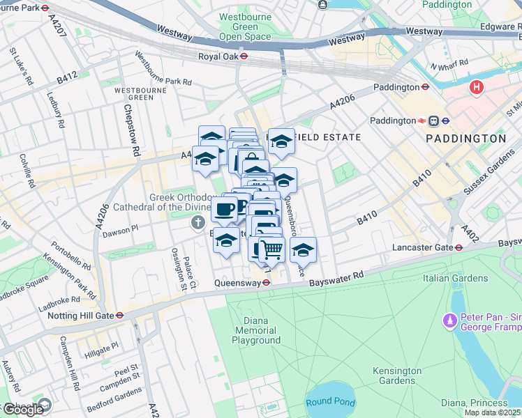 map of restaurants, bars, coffee shops, grocery stores, and more near in Greater London