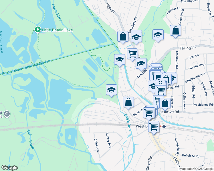 map of restaurants, bars, coffee shops, grocery stores, and more near Trout Road in Greater London