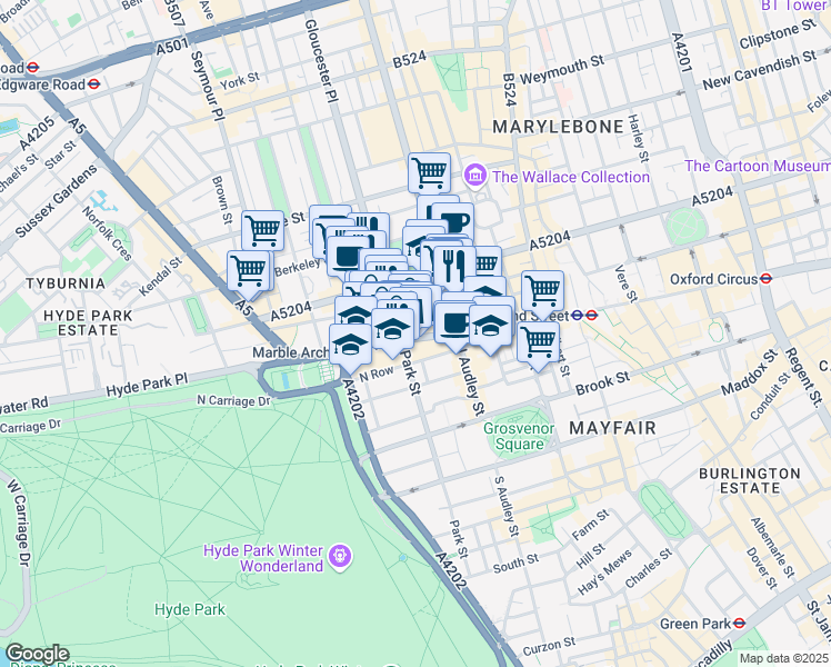 map of restaurants, bars, coffee shops, grocery stores, and more near in Greater London