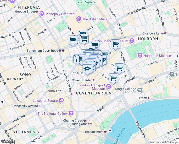 map of restaurants, bars, coffee shops, grocery stores, and more near 36 Shelton Street in Greater London