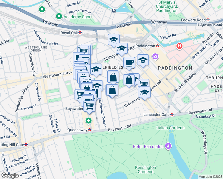 map of restaurants, bars, coffee shops, grocery stores, and more near in Greater London