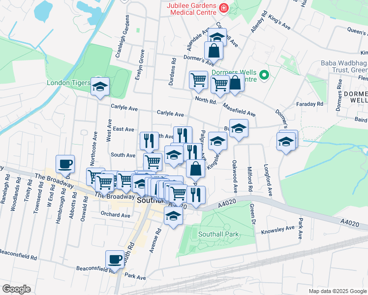 map of restaurants, bars, coffee shops, grocery stores, and more near 98 North Road in Southall