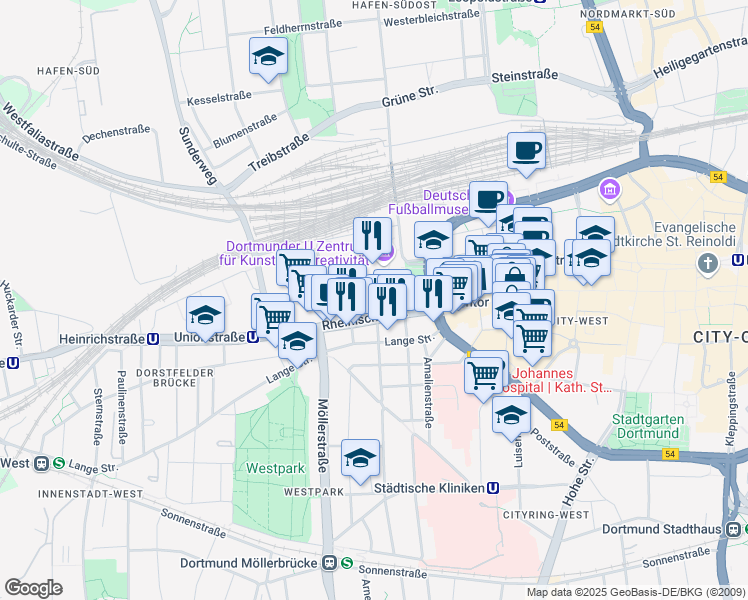 map of restaurants, bars, coffee shops, grocery stores, and more near Annelise-Kretschmer-Straße in Dortmund