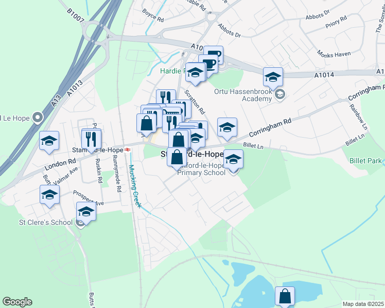map of restaurants, bars, coffee shops, grocery stores, and more near in Thurrock
