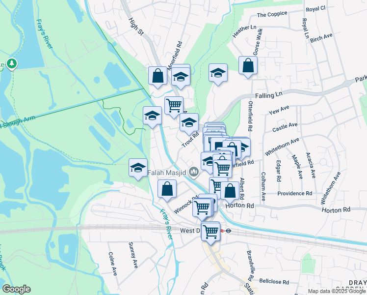 map of restaurants, bars, coffee shops, grocery stores, and more near Trout Road in Greater London