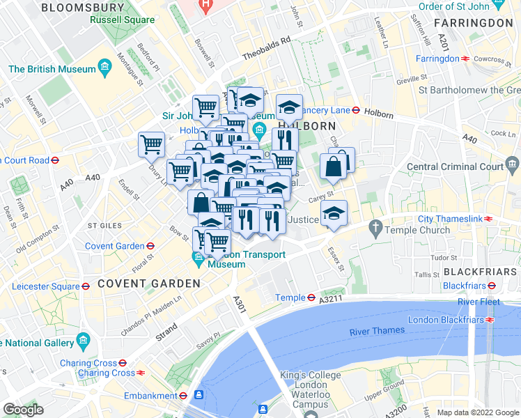 map of restaurants, bars, coffee shops, grocery stores, and more near Houghton Street in London