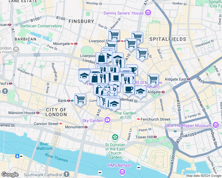 map of restaurants, bars, coffee shops, grocery stores, and more near 22 Bishopsgate in Greater London