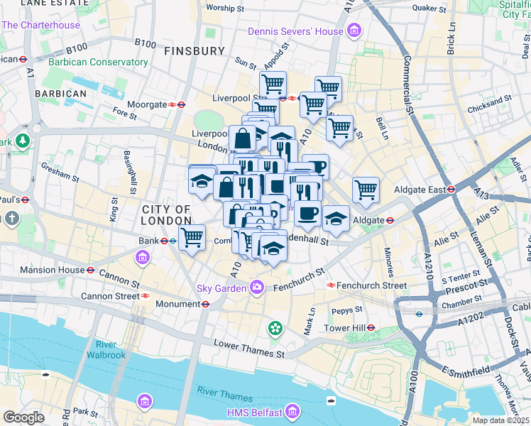 map of restaurants, bars, coffee shops, grocery stores, and more near 22 Bishopsgate in Greater London