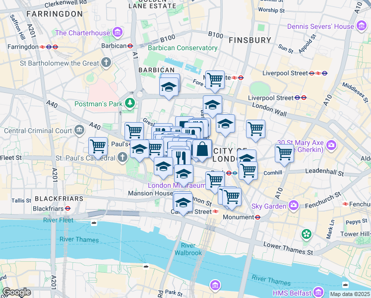 map of restaurants, bars, coffee shops, grocery stores, and more near 6 Trump Street in Greater London