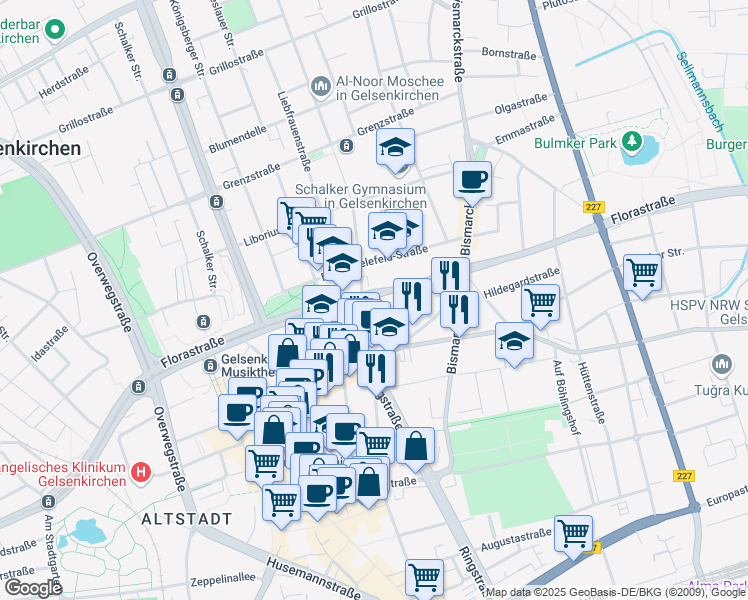 map of restaurants, bars, coffee shops, grocery stores, and more near 60 Florastraße in Gelsenkirchen