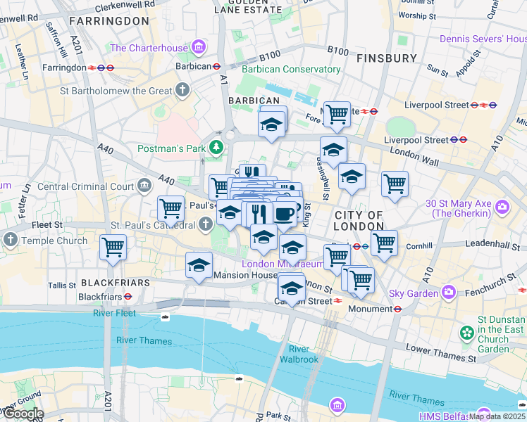 map of restaurants, bars, coffee shops, grocery stores, and more near 125 Wood Street in Greater London