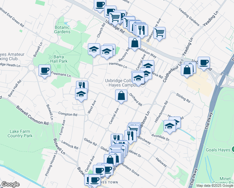map of restaurants, bars, coffee shops, grocery stores, and more near Conifer Way in Greater London