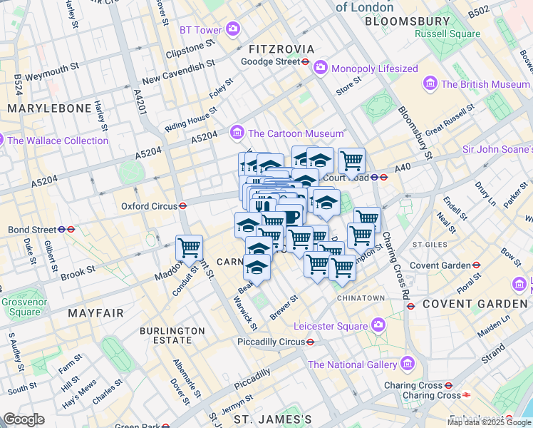 map of restaurants, bars, coffee shops, grocery stores, and more near in Greater London