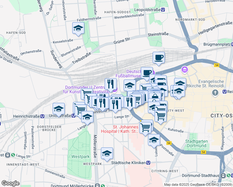 map of restaurants, bars, coffee shops, grocery stores, and more near Leonie-Reygers-Terrasse in Dortmund