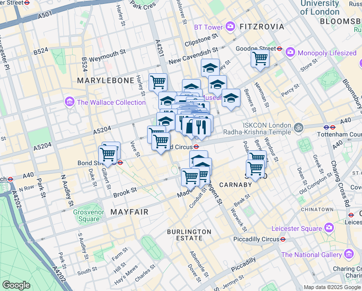 map of restaurants, bars, coffee shops, grocery stores, and more near 250 Oxford Street in Greater London