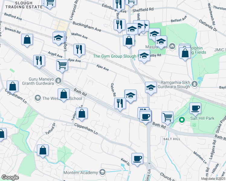 map of restaurants, bars, coffee shops, grocery stores, and more near Galvin Road in Berkshire