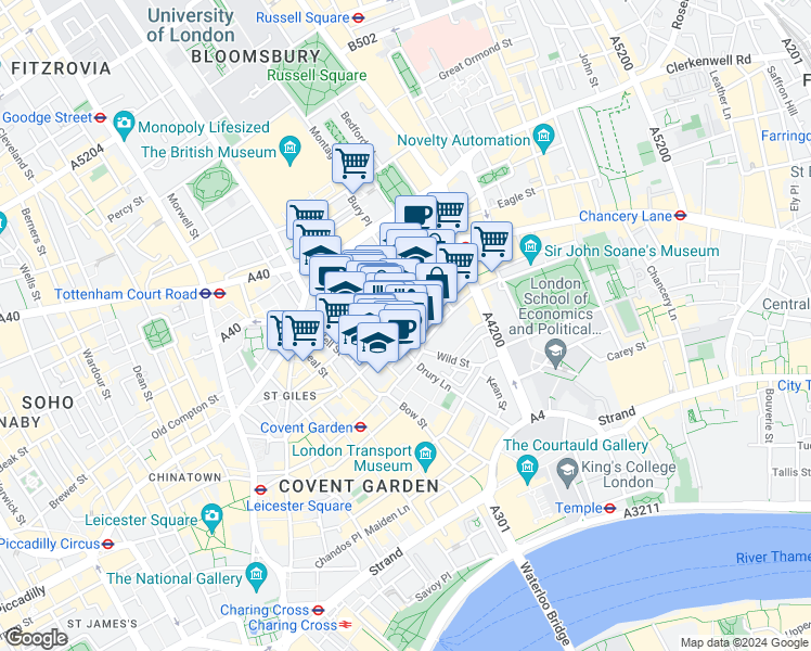 map of restaurants, bars, coffee shops, grocery stores, and more near Parker Mews in Greater London