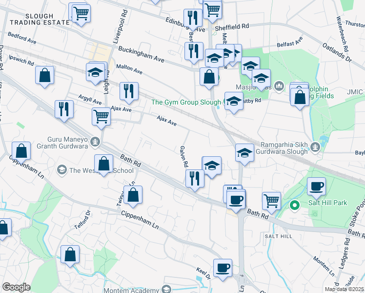 map of restaurants, bars, coffee shops, grocery stores, and more near Galvin Road in Berkshire