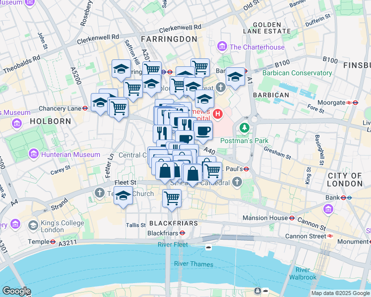 map of restaurants, bars, coffee shops, grocery stores, and more near 16 Old Bailey in Greater London