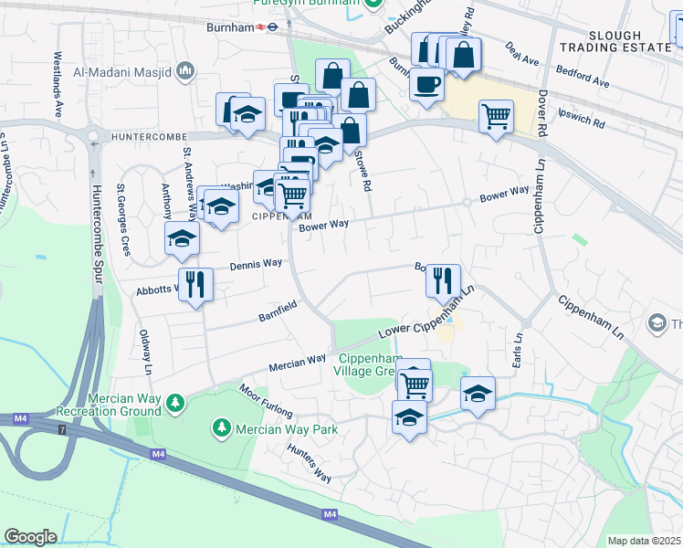 map of restaurants, bars, coffee shops, grocery stores, and more near Bowyer Drive in Berkshire