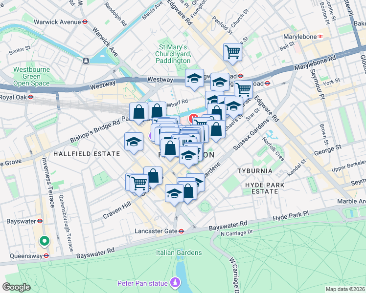 map of restaurants, bars, coffee shops, grocery stores, and more near 1 Paddington Square in Greater London