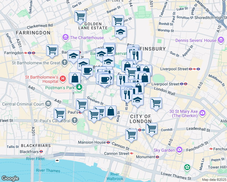 map of restaurants, bars, coffee shops, grocery stores, and more near 1 Aldermanbury in London