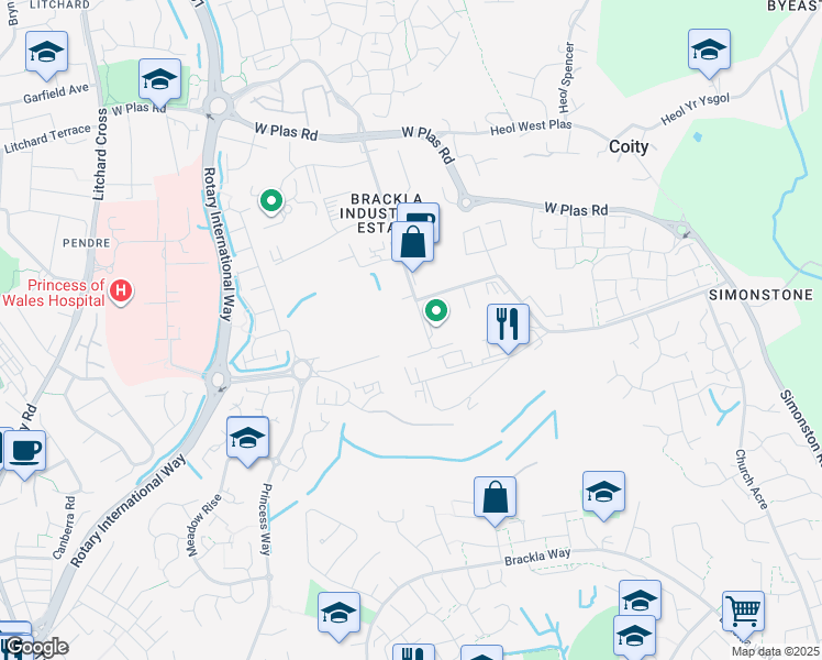 map of restaurants, bars, coffee shops, grocery stores, and more near Main Avenue in Bridgend County Borough
