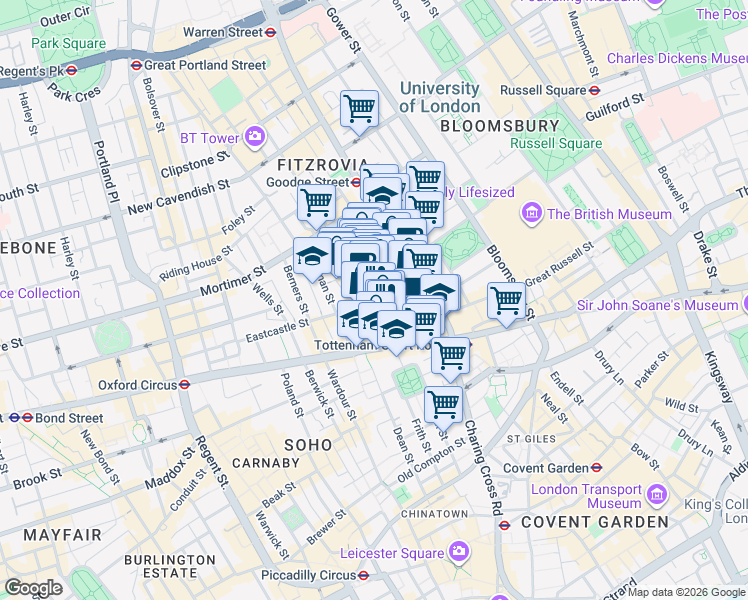 map of restaurants, bars, coffee shops, grocery stores, and more near Rathbone Place in Greater London