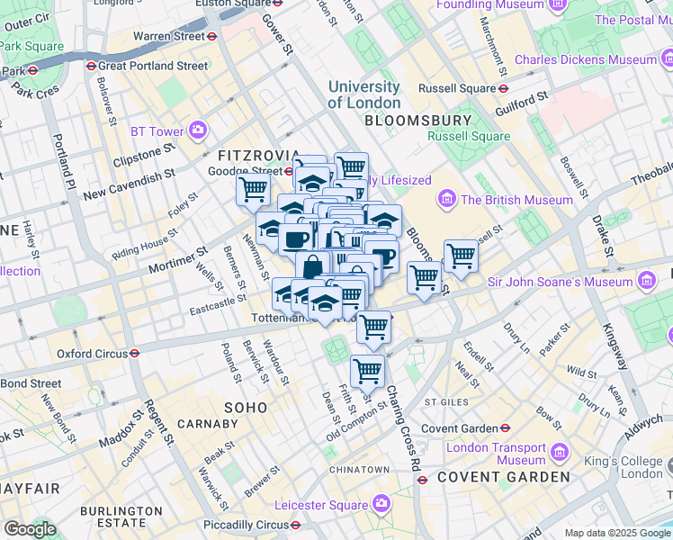 map of restaurants, bars, coffee shops, grocery stores, and more near 20 Tottenham Court Road in Greater London