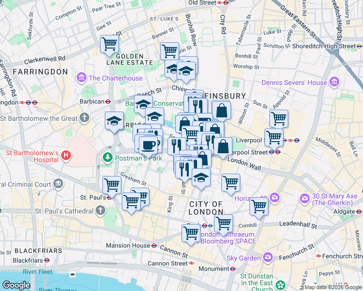 map of restaurants, bars, coffee shops, grocery stores, and more near 1 London Wall in Greater London