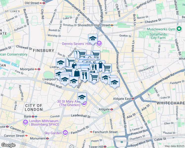 map of restaurants, bars, coffee shops, grocery stores, and more near Middlesex Street in Greater London