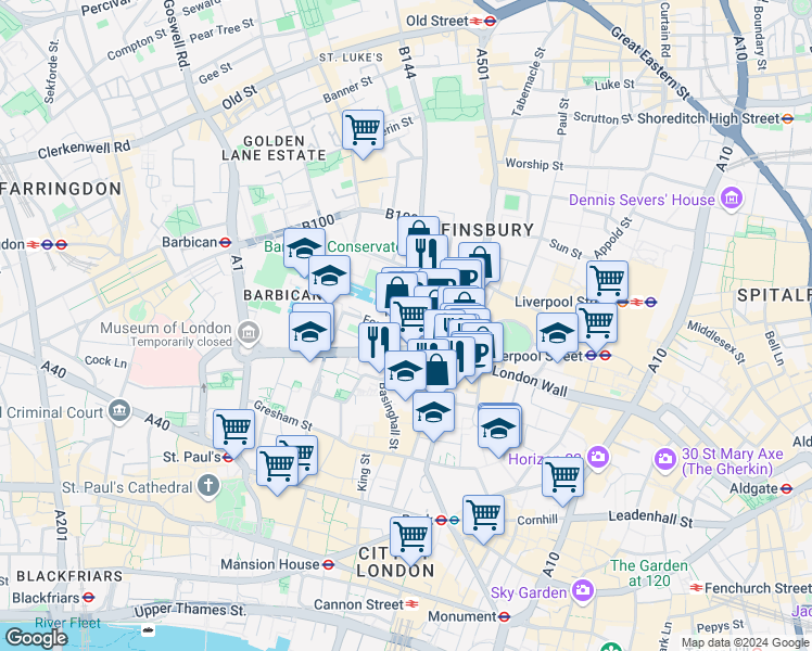 map of restaurants, bars, coffee shops, grocery stores, and more near 1 Fore Street Avenue in Greater London